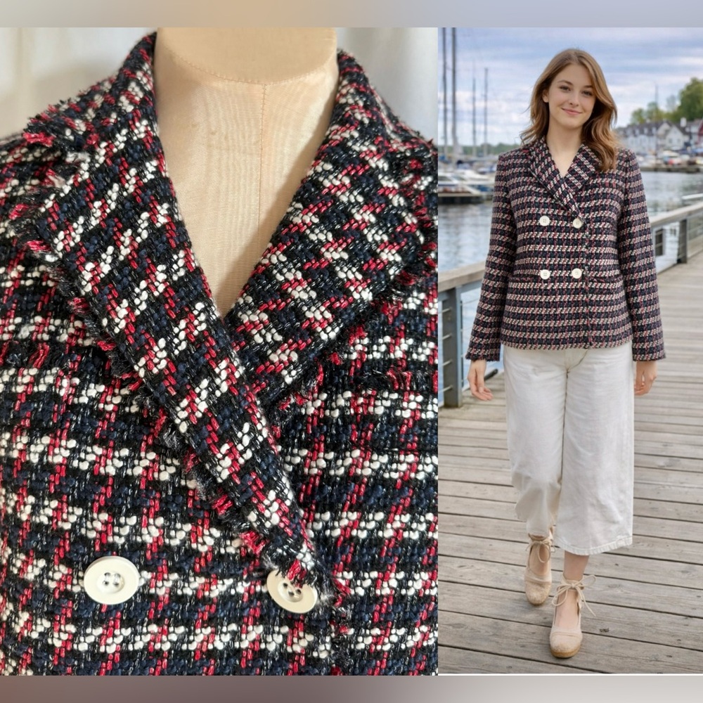 Blue and Red Fringe Tweed Blazer - 4
